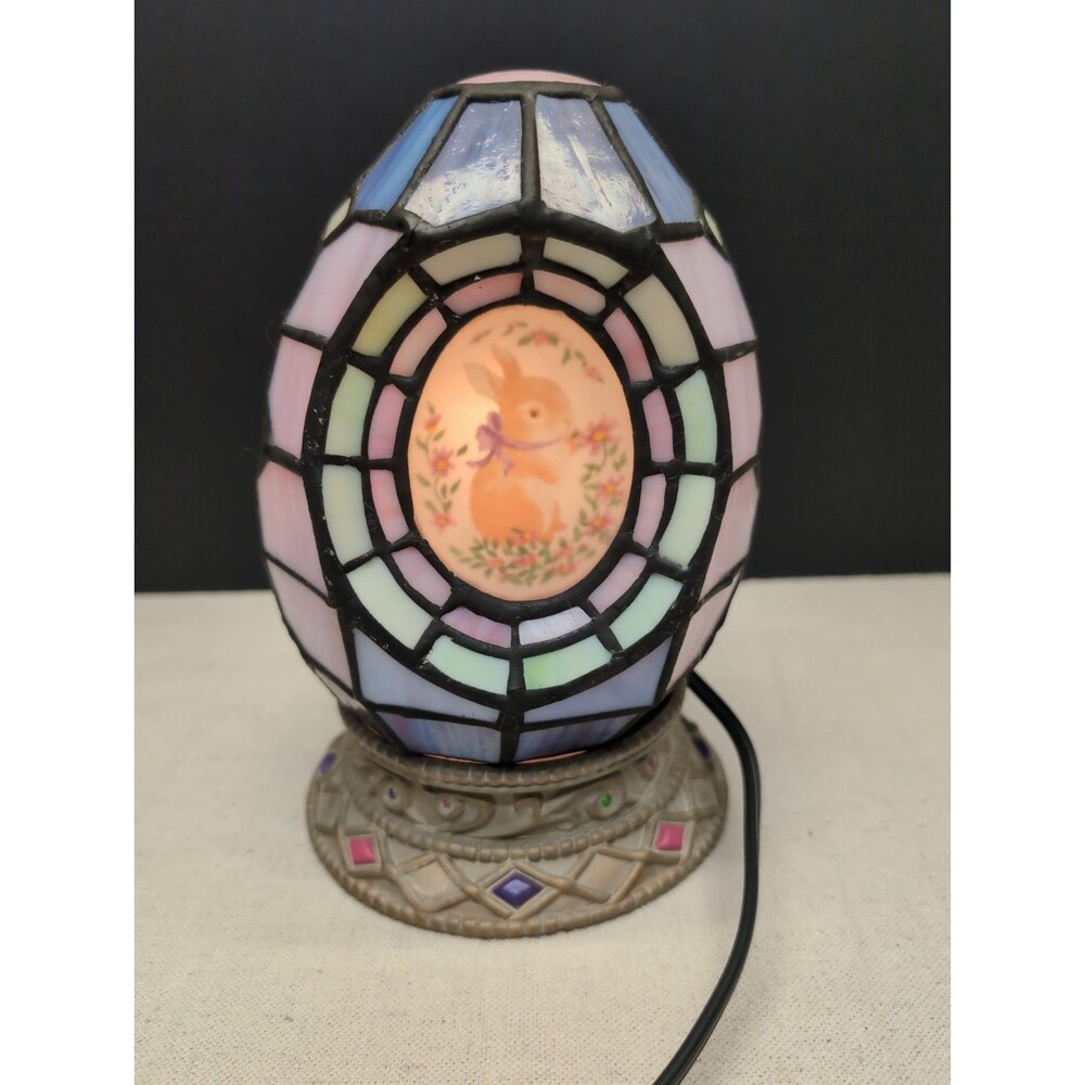 Tiffany Style Lamp Egg Shaped With Easter Bunny Lighted Night Light Mosiac